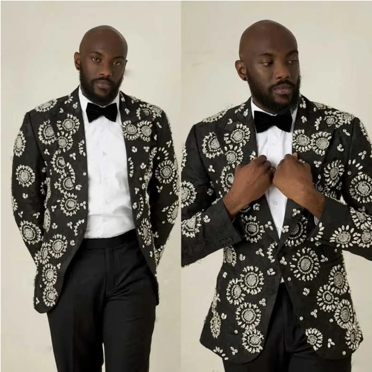 

Customized Diamond Metal Embellished Men Suits Peaked Lapel Groom Tuxedos Wedding Prom Blazers hombre Pants Outfit ropa hombre