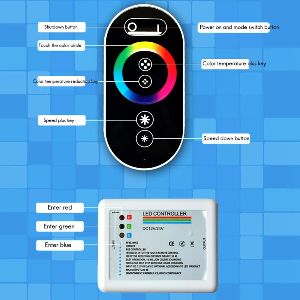 Contrôleur LED DC12-24V Radio Sans Fil Morte Presse Colorée Télécommande RVB Barre Lumineuse