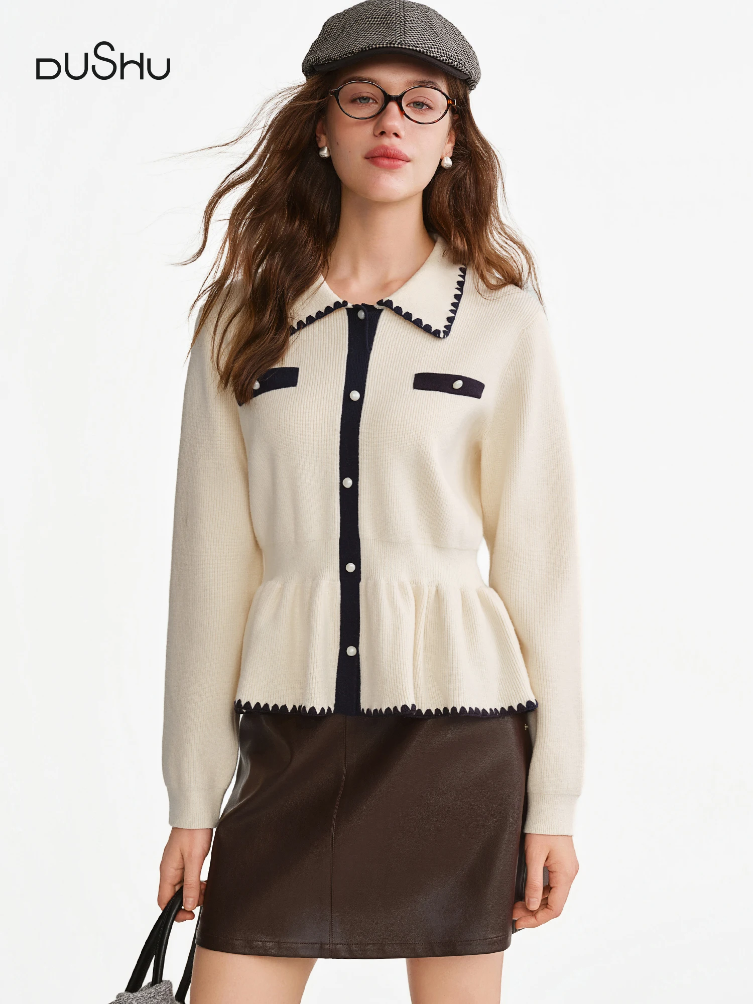 

DUSHU подвлекательный вязаный свитер больших размеров во французском стиле с рюшами, зима 2025, Новое поступление, пышный женский свитер, пуловеры