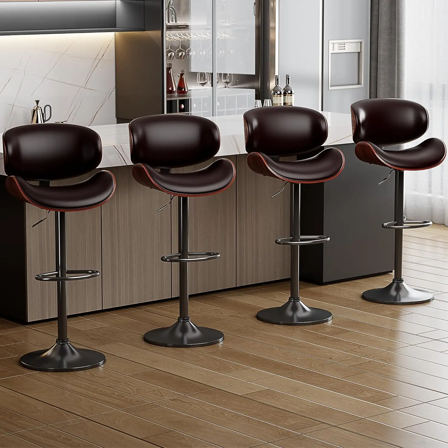 Lot de 4 tabourets de bar modernes en cuir synthétique, réglables, marron, pour la cuisine, la salle à manger