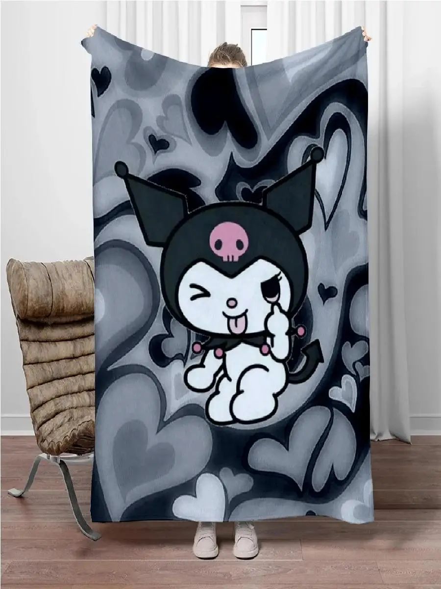 Kuromi Sanrio Cute Cartoon HD Art Print Soft Flannel Blanket for Bed Sofa Car Travel  Warm Comfortable Kids Gift