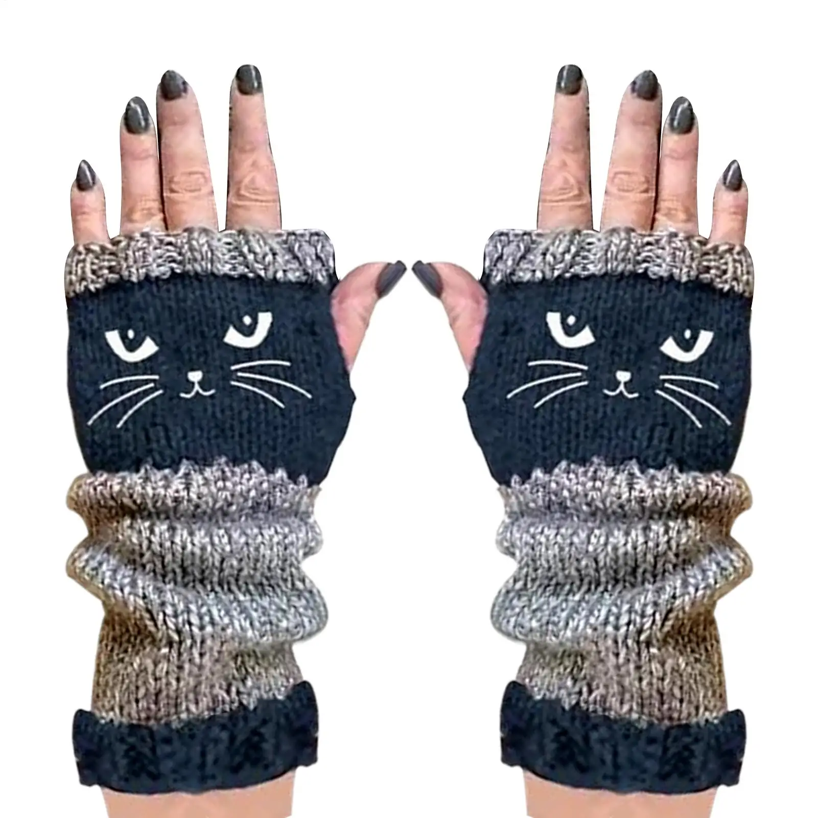

Вязаные перчатки без пальцев с вышивкой кота, теплые перчатки с открытыми пальцами для любителей кошек, женщин, девочек, дам, мам, согревающие принадлежности на открытом воздухе