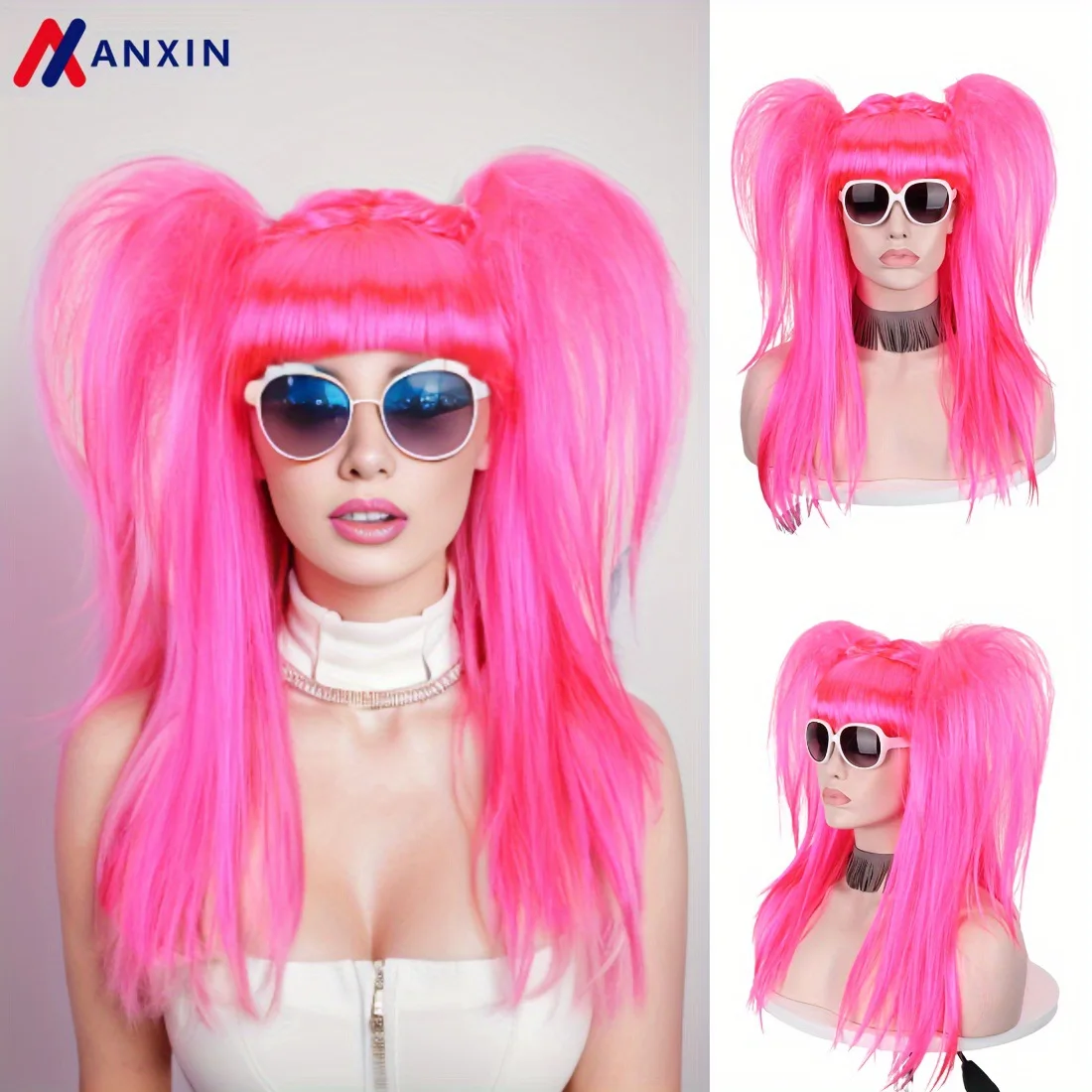 

Synthetic Pink Double Ponytail Wig for Women Braided Anime Cosplay Mi-ku Inspired Style Costume Party Heat Resistant Fiber