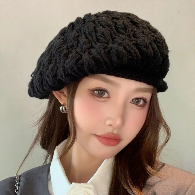 

Autumn and winter thick wool beret, Korean style, sweet and lazy, large head, face-minimizing, versatile pullover hat