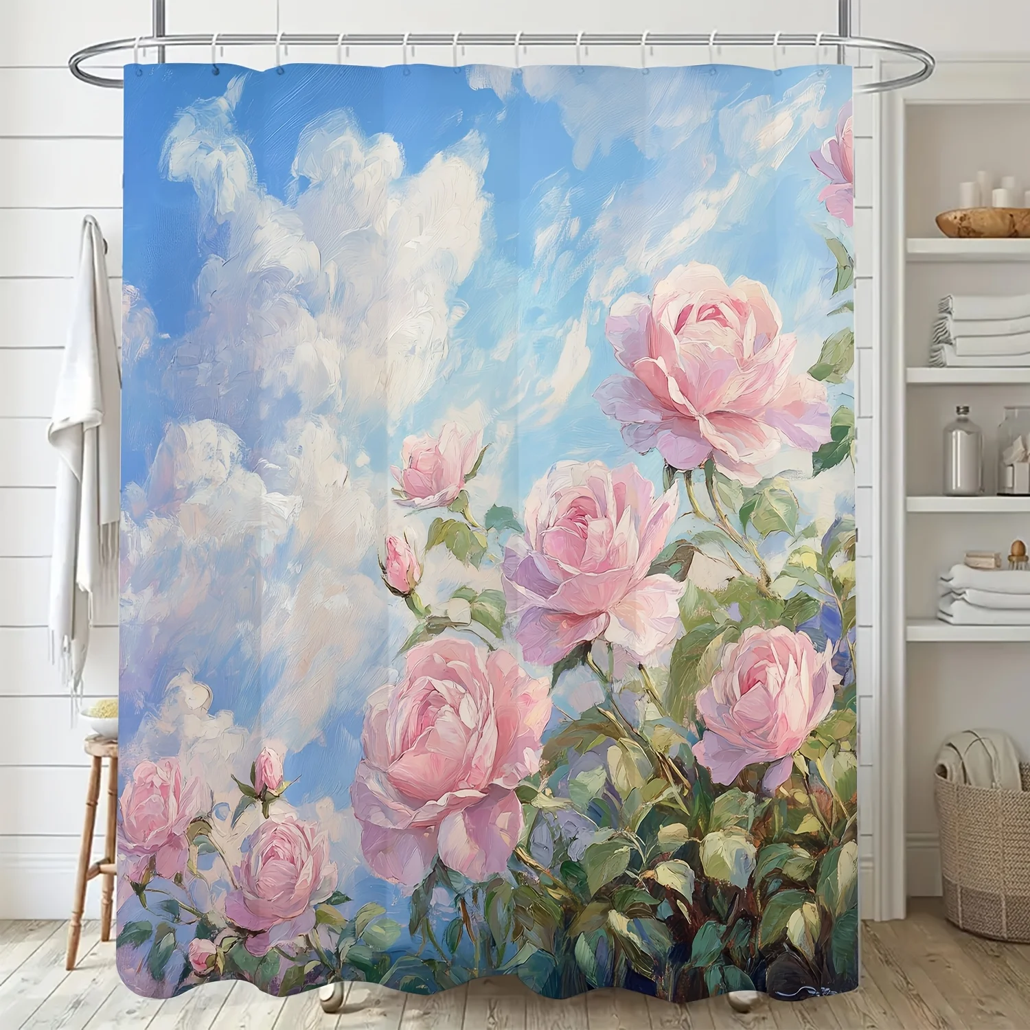 

1 шт. Занавеска для душа с ярким цветочным принтом — современный художественный дизайн с розовыми розами и голубым небом, полиэфирная ткань, цифровая печать, машина Washa
