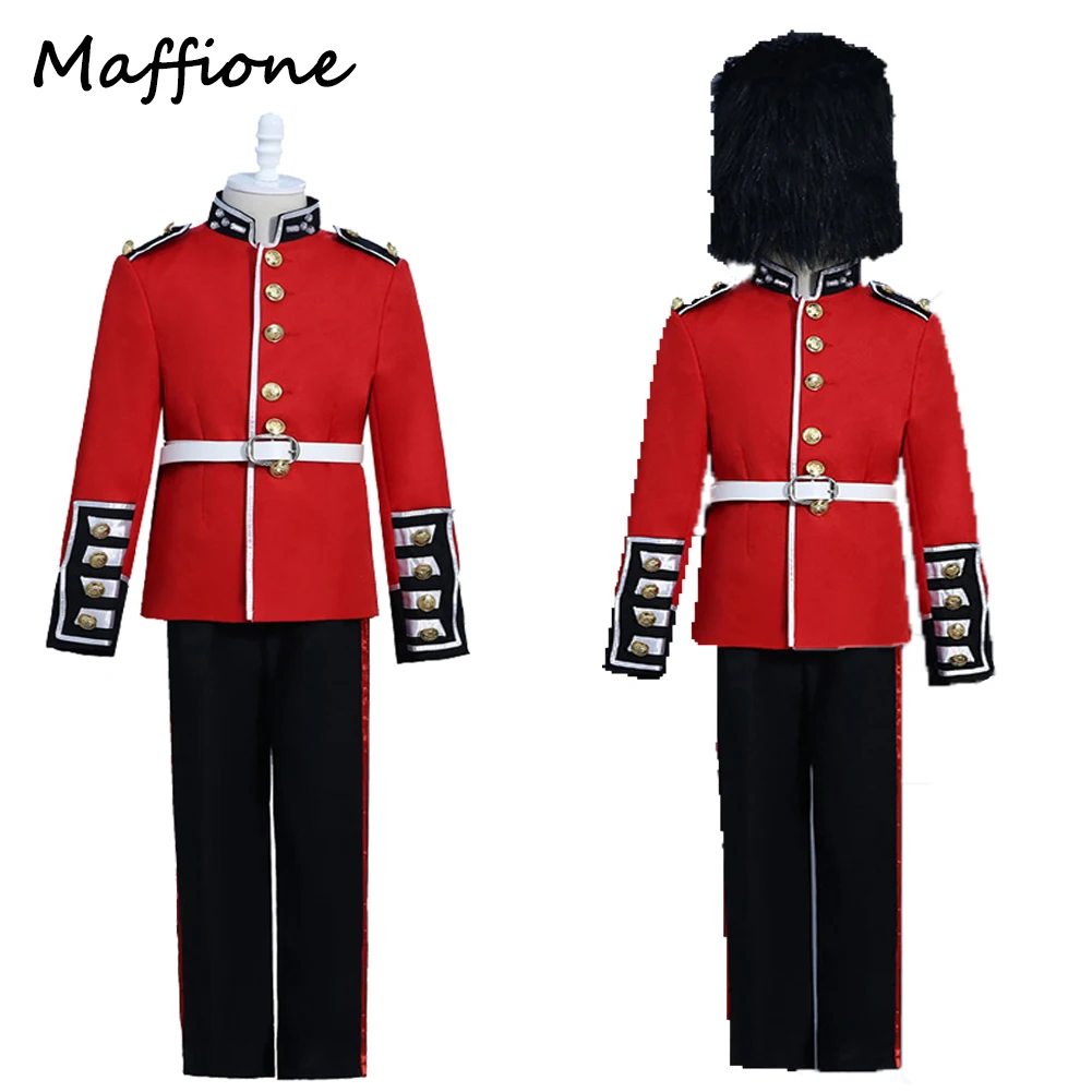 

Детский карнавальный костюм британской гвардии для мальчиков, комплект шляп, красное пальто, брюки, детская одежда для выступлений на сцене, детские костюмы для Хэллоуина
