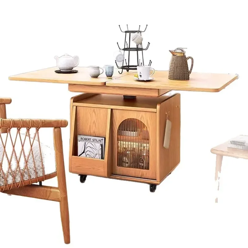 Modern simple all-solid wood multi-functional coffee table, mobile Nordic liftable dining table small apartment dual-use