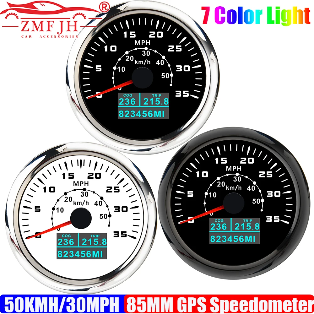 

ZMFJH 7 Color Backlight 85MM GPS Speedometer Gauge with Antenna 0-50KMH,0-30MPH Speed Meter Odometer Mileage COG TRIP Car Boat