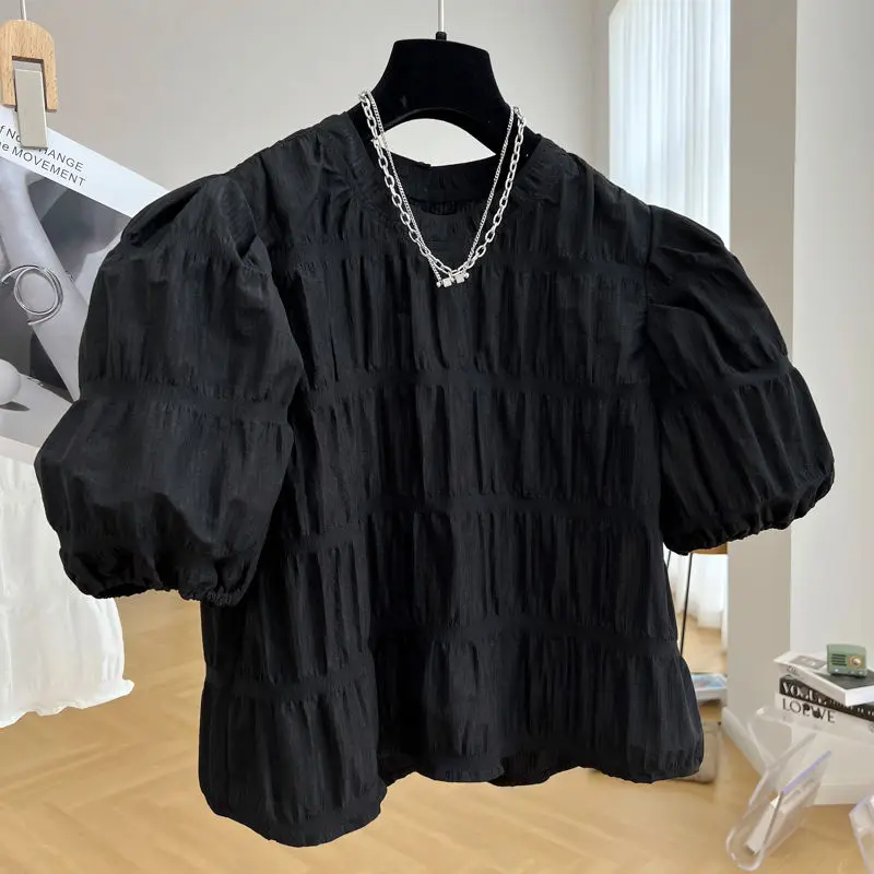 OCEANLOVE Blusas Feminina Solid  Puff Sleeve Pleated Short Sweet Women Blouses Vintage Korean Fashion Summer Shirts Elegant