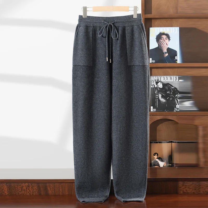 100% cashmere knitted pants basic men's casual pants autumn winter elastic waist thick sports pants thick soft and warm pants