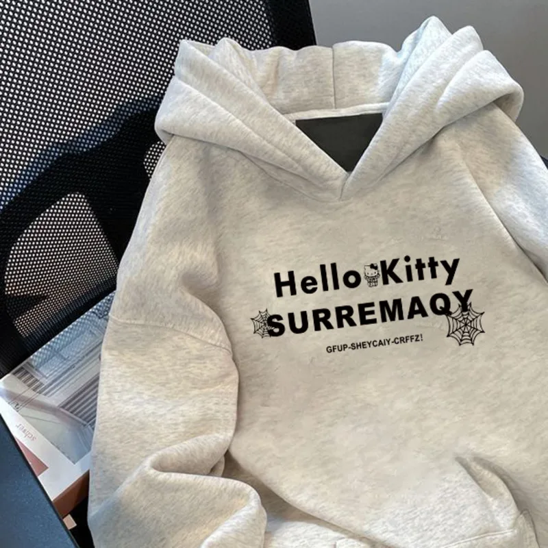 American Style Halloween Skeleton Hello Kitty Hooded Sweatshirt for Women & Men, Autumn and Winter Loose Couple Hoodies Clothes