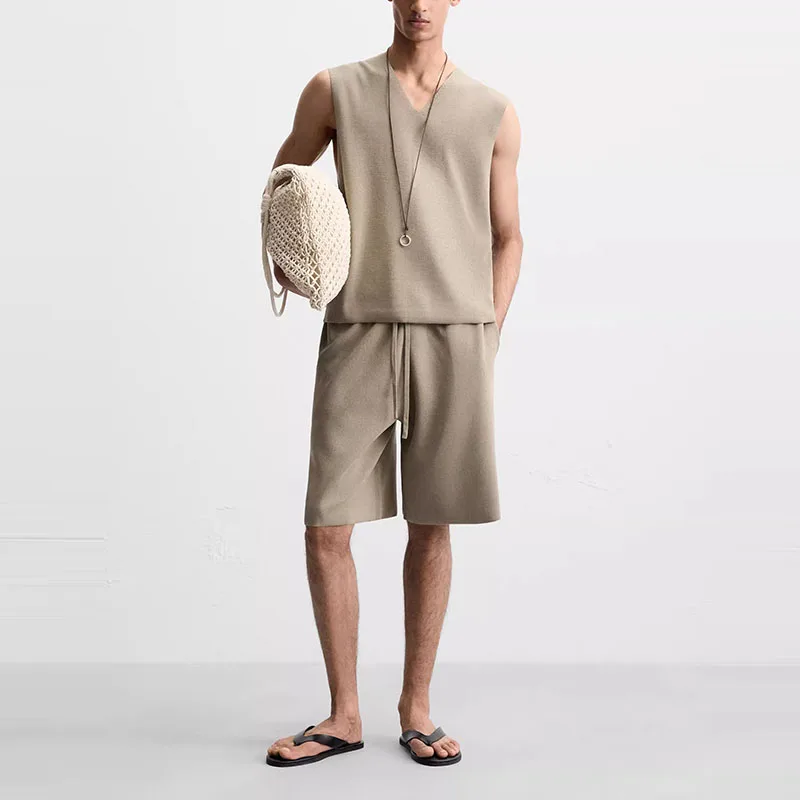 

Spring 2025 Men's Faion Comfortable Knitted Khaki Top orts Set Z Brand New Polyester Fiber ort Sve ort Pants