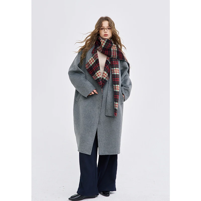 ELFSACK 2025 Winter New Arrivals Minimalist Vintage Graphic Lined Wool Blend Coat  For Woman