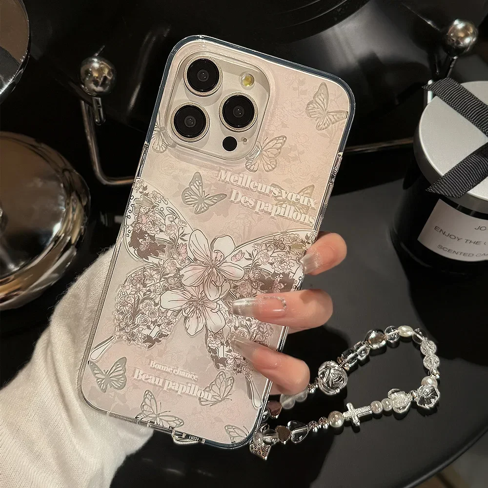 Dubbellaags Gedrukt Dromerige Rose Vlinder Telefoonhoesje voor IPhone 16 15 14 12 13 11 Pro Pro Max Plus X XR Schokbestendige Telefoon Cover