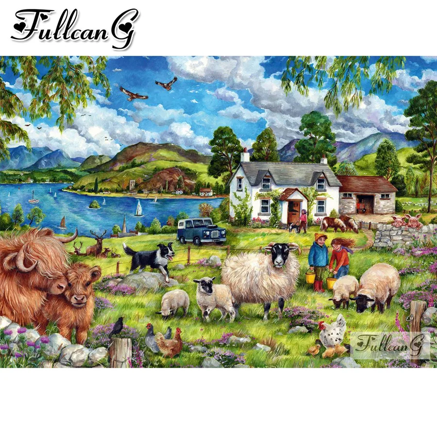 Diy Mosaic Painting seaside farm lamb 5D Diamond Embroidery animal Full Square Round Drill Rhinestone Picture Home Decor AA3606