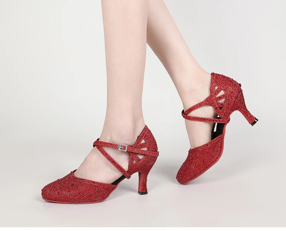 CINMIDY Rote Strass-Lateintanzschuhe Damen Tango-Tanzschuhe Moderne Schuhe Weiche Sohle Hochzeitsschuhe Silber – Detail 3