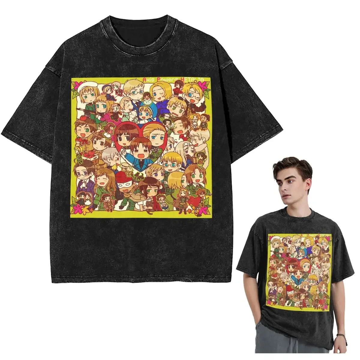 

Streetwear T-Shirts Hetalia Group World Stars Washed T Shirt Short Sleeve Hip Hop T-Shirt Tops Tees for Men Women