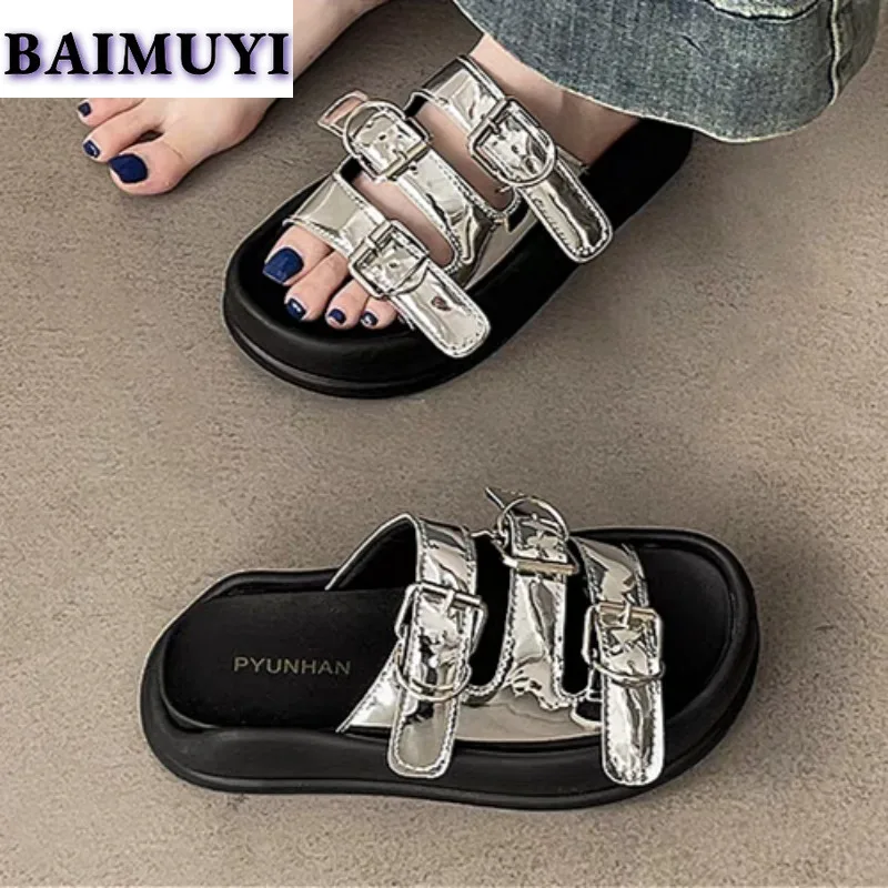 Kobiety Flats Slippers Brand New Sandals Fashion Open Toe Mid Heels Shoes Summer Trend Casual Flip Flops Goth Slides Mujer Zapatos