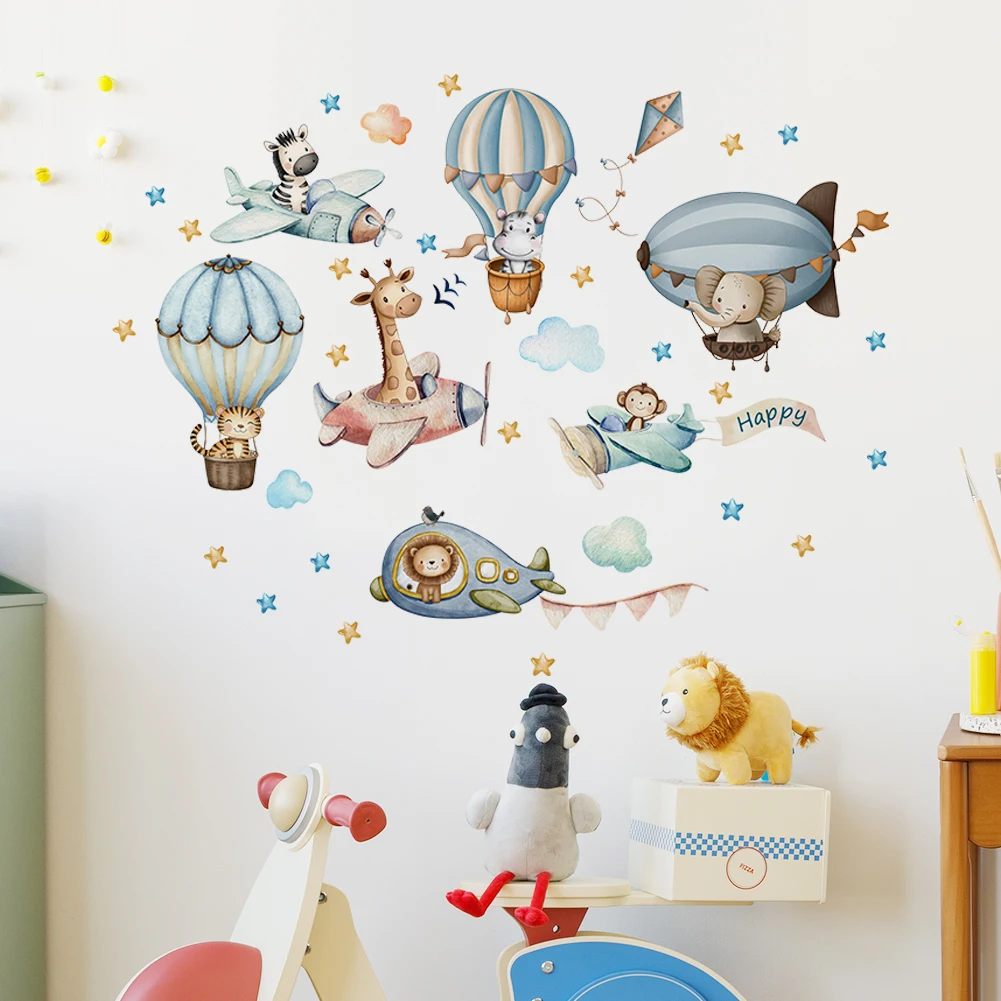 Baby Nursery Wallpaper - Watercolor Zoo Animal Wall Decals Plane
