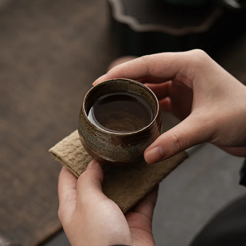 1pc Japanese Style Handmade Stoneware Tea Cup Kung Fu Tea Set Tea Cup Small Single Cup Ancient Style Quiet Road Cup Bowl Teacup