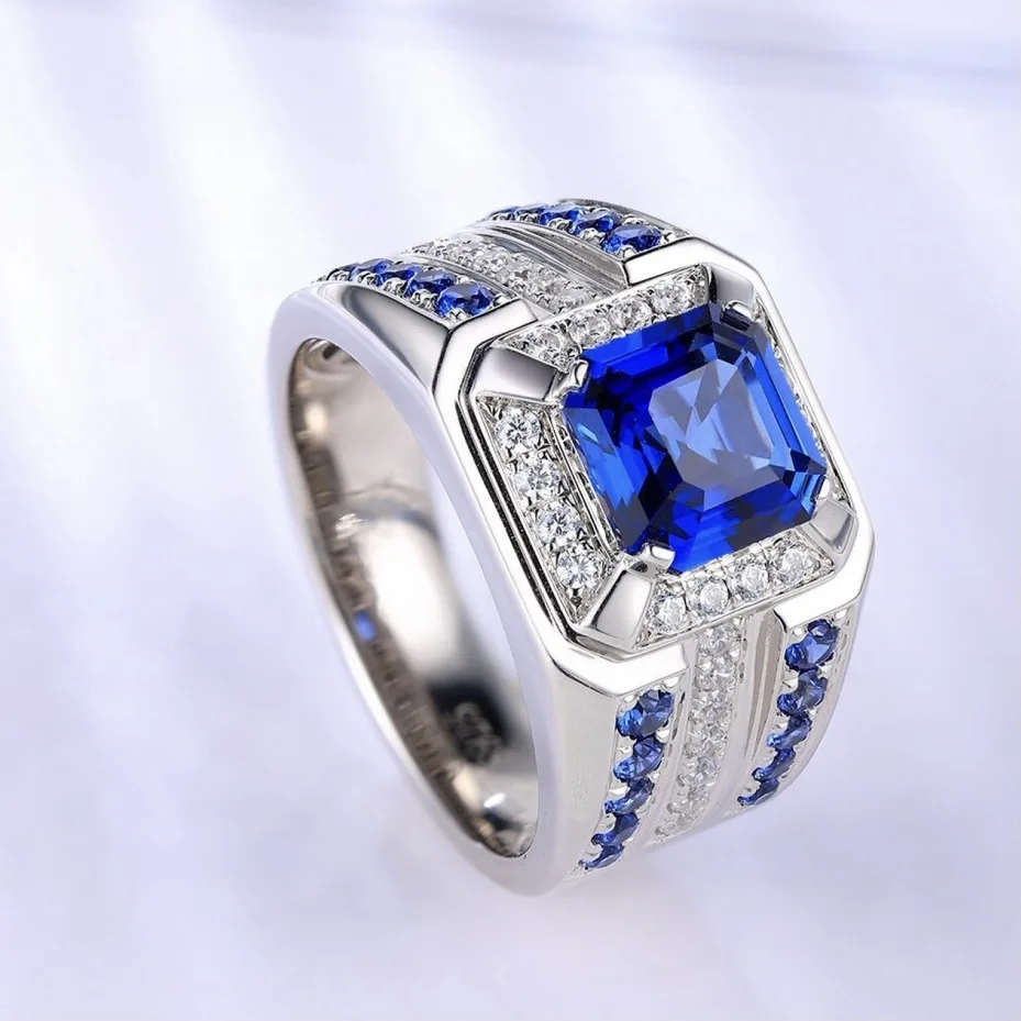 European - American Fashion New Men's Jewelry Inlaid Blue Square Stone Grand Luxury Men's Ring Wholesale Size 7-13 - view 3
