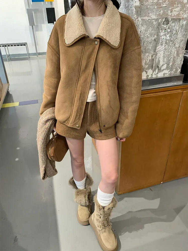 Retro Korean Suede Short Jacket Women's Autumn Winter Thickened Fleece Collar Lapel Outerwear Casual Versatile Zipper Closure
