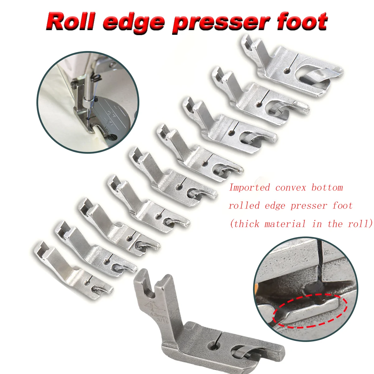 1set (5pcs) sewing flatbed edge presser foot, folded edge presser foot, flat sewing machine rolled hem cuff presser foot, flatbe