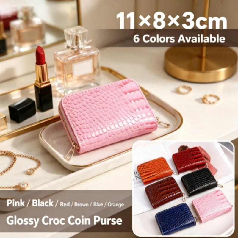 New Arrival Women Crocodile Pattern Solid Color Accordion Card Holder Simple Multi‑Slot Card Sleeve Zipper Coin Purse for Ladies