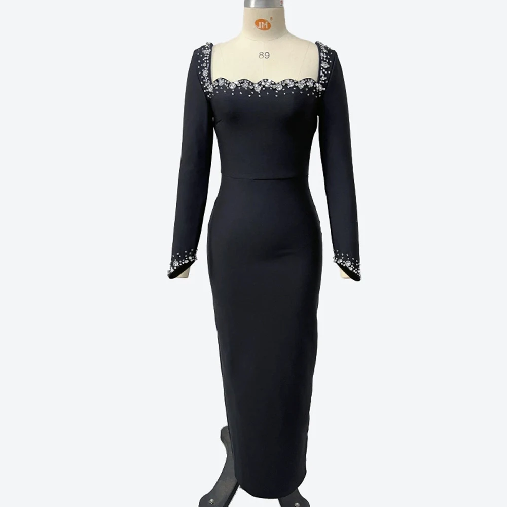 Abito da ballo a maniche lunghe in cristallo di alta qualità, elegante abito da sera con fasciatura per donna-GZXXX343