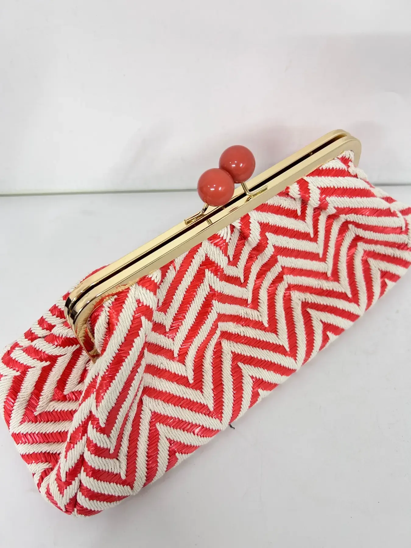 Ladies Vintage Red and White Striped Dinner Clutch Bag Original Wooden Clasp Grab Bag Por Parties, Weddings, Clubs, Dinners