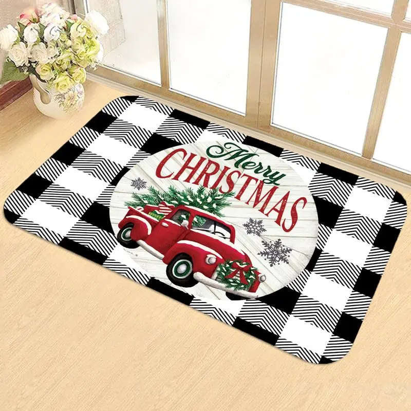 VIKAMA Buffalo Check Christmas Kitchen Mat Retro Red Truck Merry Christmas Non Slip Entryway Rug Washable Festive Home Decor