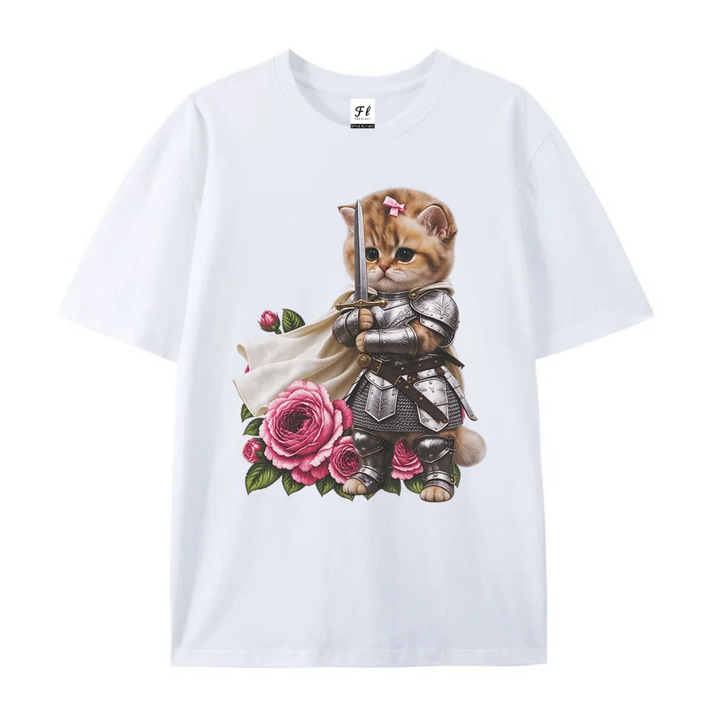 Cute Knight Cat With Roses Graphic Tshirt Unisex Medieval Kitten Armor Sword Print Short Sleeve Tee Aesthetic Casual Summer Tops