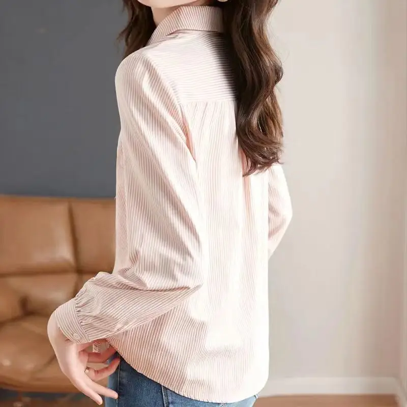 2024 New Style Lapel Long Sleeved Shirt with Striped Fashion Style Simple and Stylish Shirt Trendy and Versatile Loose Top