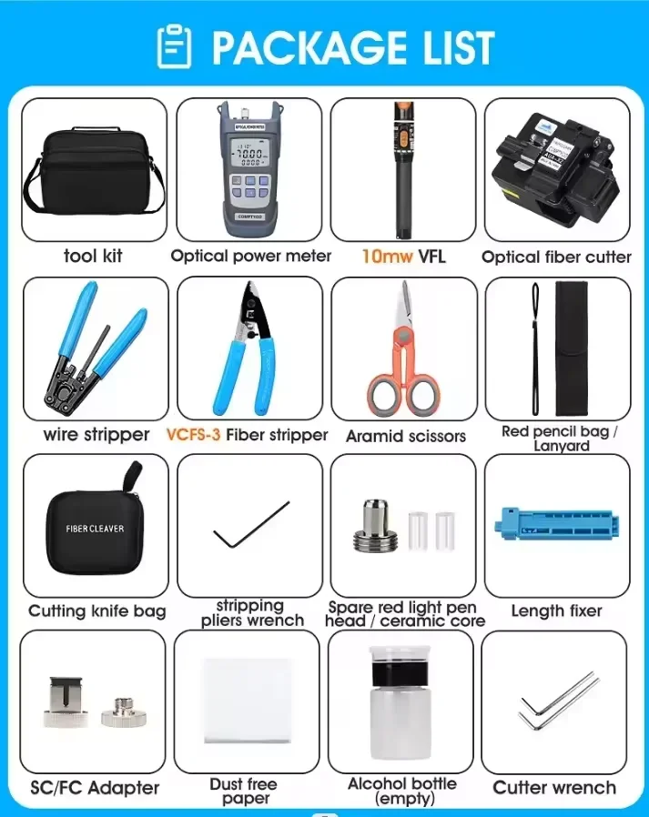 fibre optic tool kit with AUA-X2 cleaver Optical Power Meter and 10mW Visual Fault Locator fiber equipment