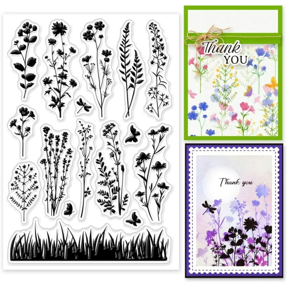 Wildflower Meadow Silhouette Clear Stamp Vintage Flowers Plants Clear Rubber Stamps Silicone Stamps for DIY Scrapbooking Photo