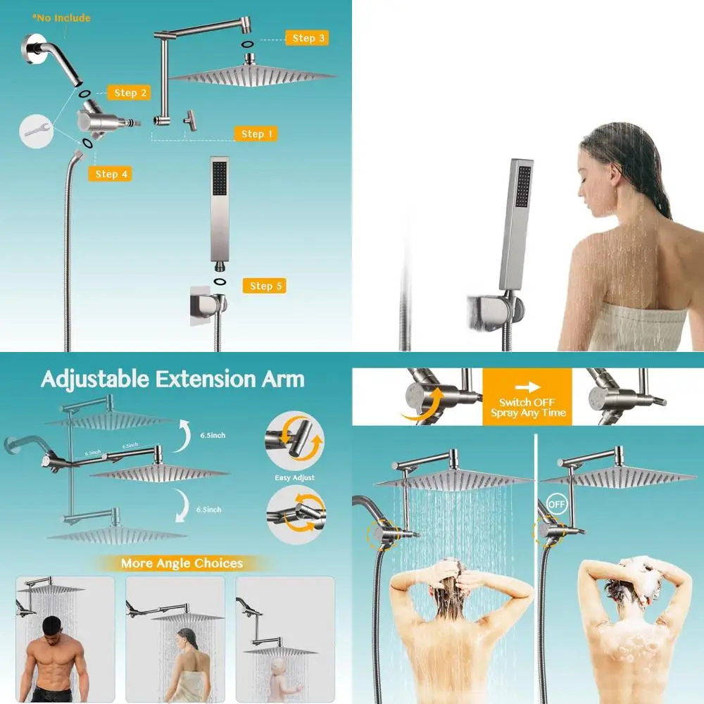 

10 Metal Rain Shower Head with Handheld Spray, 4-Mode Diverter, Stainless Steel Wand, Adjustable Arm, 71 Long Hose - Brushed Nic