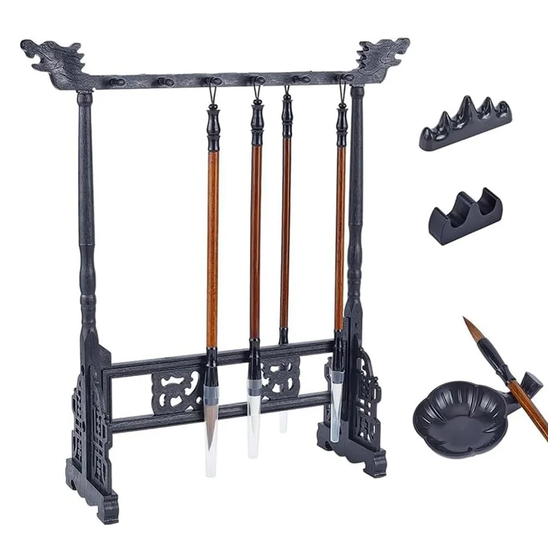 AUAU-Chinese Calligraphy Brush Holder - 12-Pin Plastic Frame With Carved Design For Sumi Painting And Japanese Calligraphy