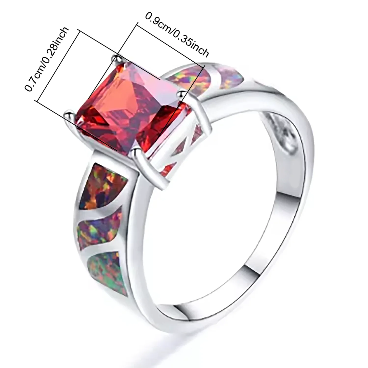 Princess Cut Synthetic CZ Ring with Opal Accents, Vintage Halo Cocktail Ring, Color Block Engagement Statement Ring for Women