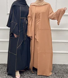 3 Piece Crepe Matching Muslim Sets Abayas for Women Dubai Turkey Open Abaya Set Hijab Inner Dress with Wrap Skirt Islam Clothing