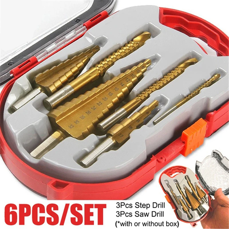 6PCS Hss Step Drill & Saw Drill Bit Set Cone Hole Cutter Taper Metric Titanium Coated Metal Hex Core Drill Bits