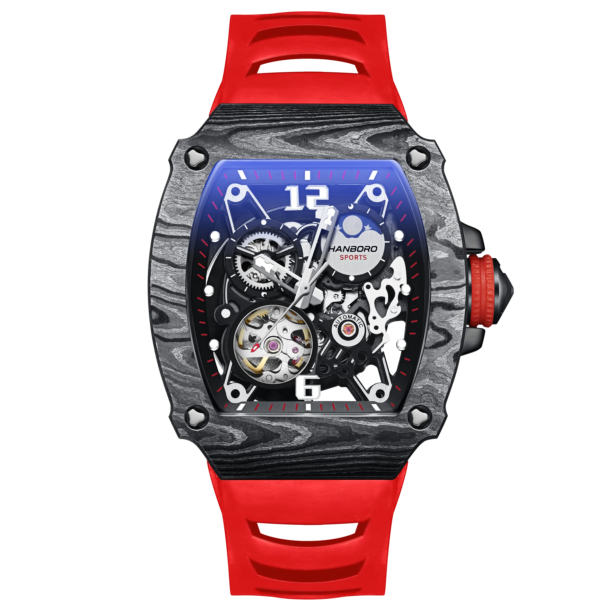 HANBORO Herren-Automatikuhr mit MIYOTA-Uhrwerk, Kohlefaser-Ringrahmen, Hohlscheiben-Design, Wasserdichte Sport- und Rennuhr