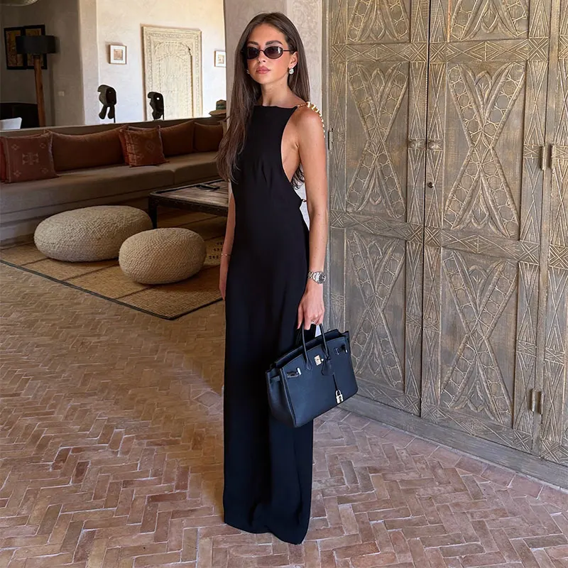 Elegant Beads Backless Black Women's Summer Dress Square Collar Sleeveless Beach Sling Sundress 2026 Lady Holiday Party Robes