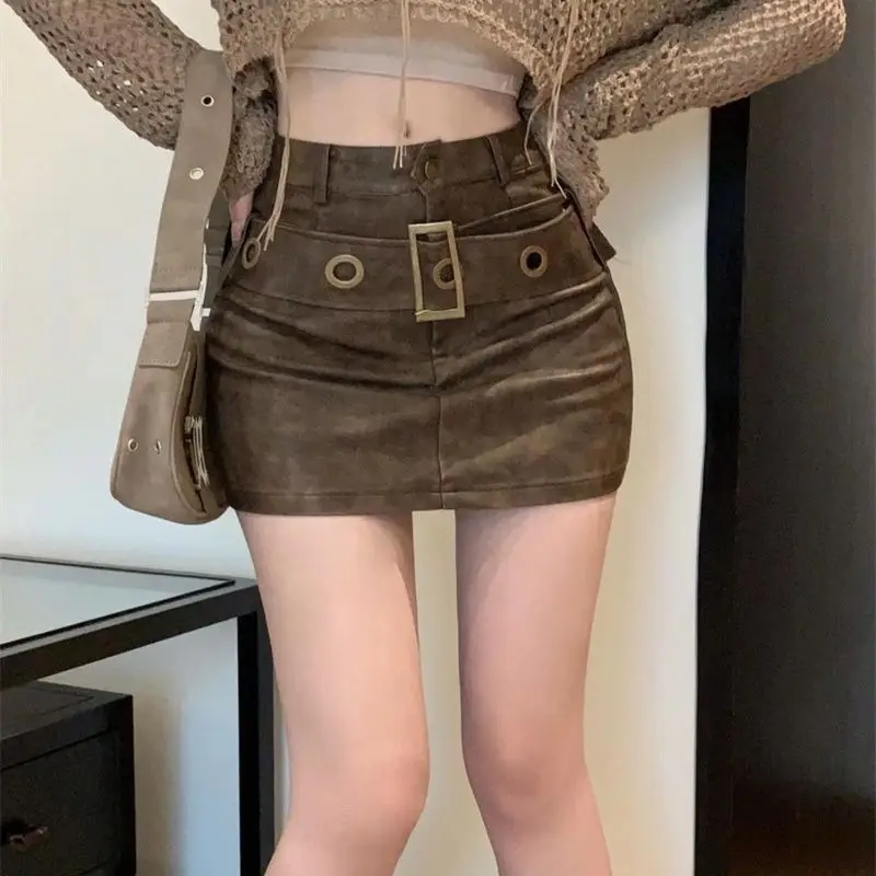 Retro Brown Pu Leather Bodycon Skirt Women New Spice Girl A-word Skirt Tight Hip-wrapped Mini Skirt