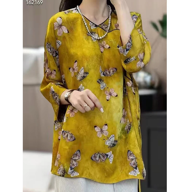 

High Quality Spring And Summer New Chinese Style O-Neck Butterfly Print Button+ Lace Up Seven Quarter Sleeve Women's Shirt S-XL