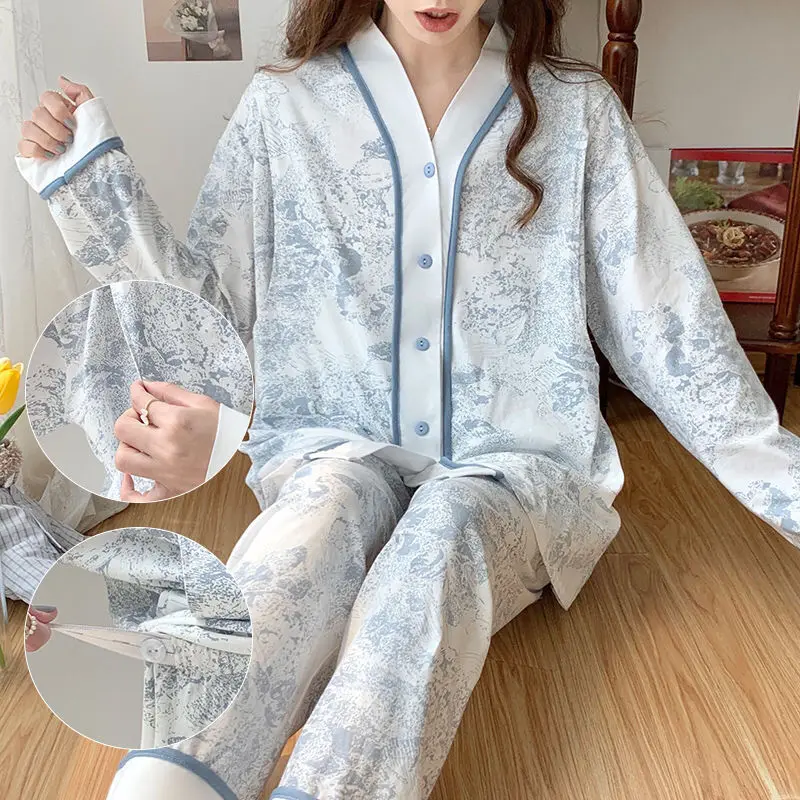 

New Style Postpartum Pajamas Women Spring Autumn Winter Breastfeeding Mouth Worn Externally Pregnant Women Loose Cardigan Set