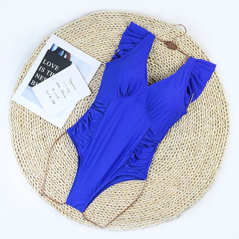 Bleu une pièce maillot de bain 2025 Vintage à volants col en V maillots de bain femmes maillot de bain maillot de bain maillots de bain Monokini femme maillots de bain