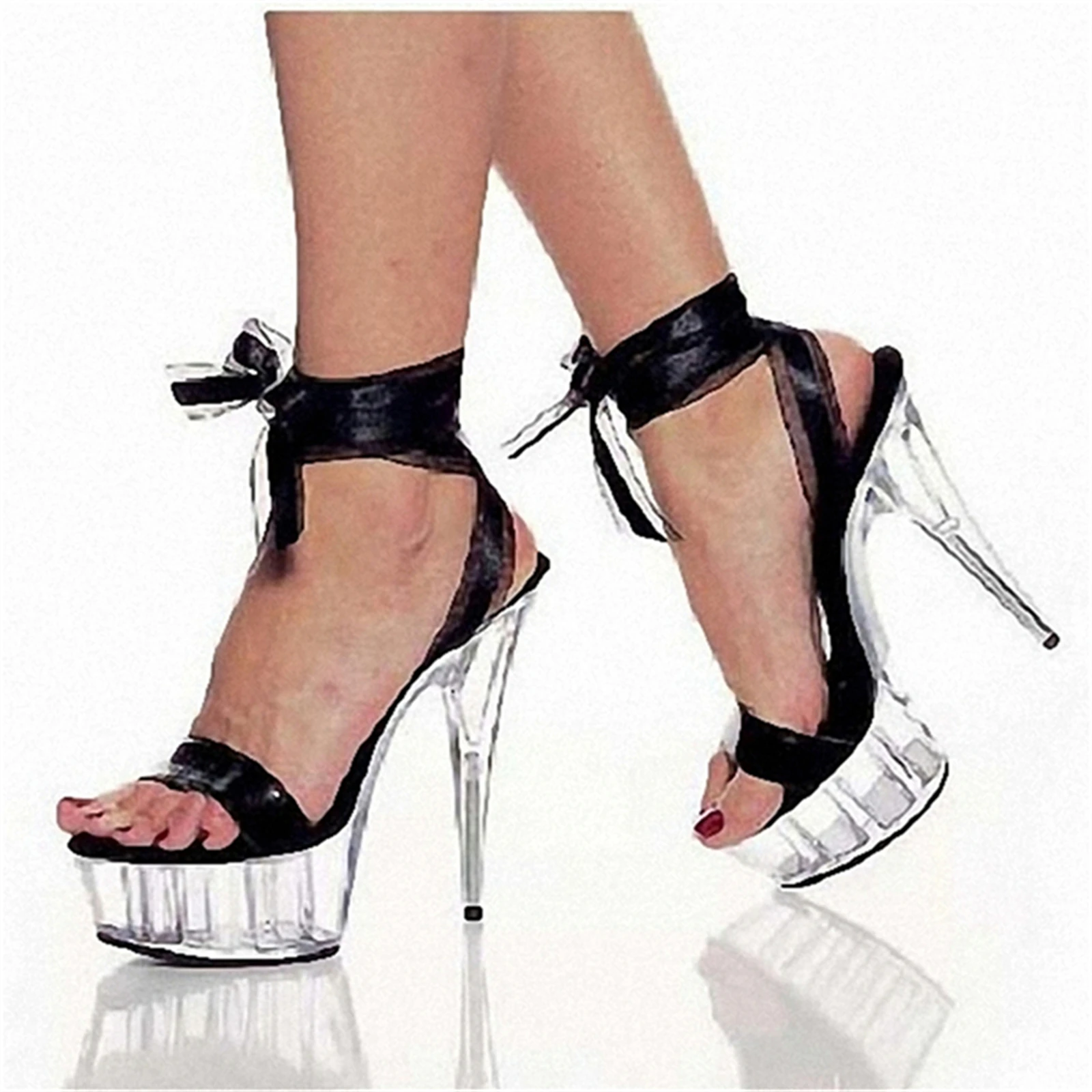 ​15CM Red Ribbon Wrap Heels, Crystal Clear Stiletto Sandals with Ankle-to-Calf Tie-Up Bows, Elegant Statement Shoes​