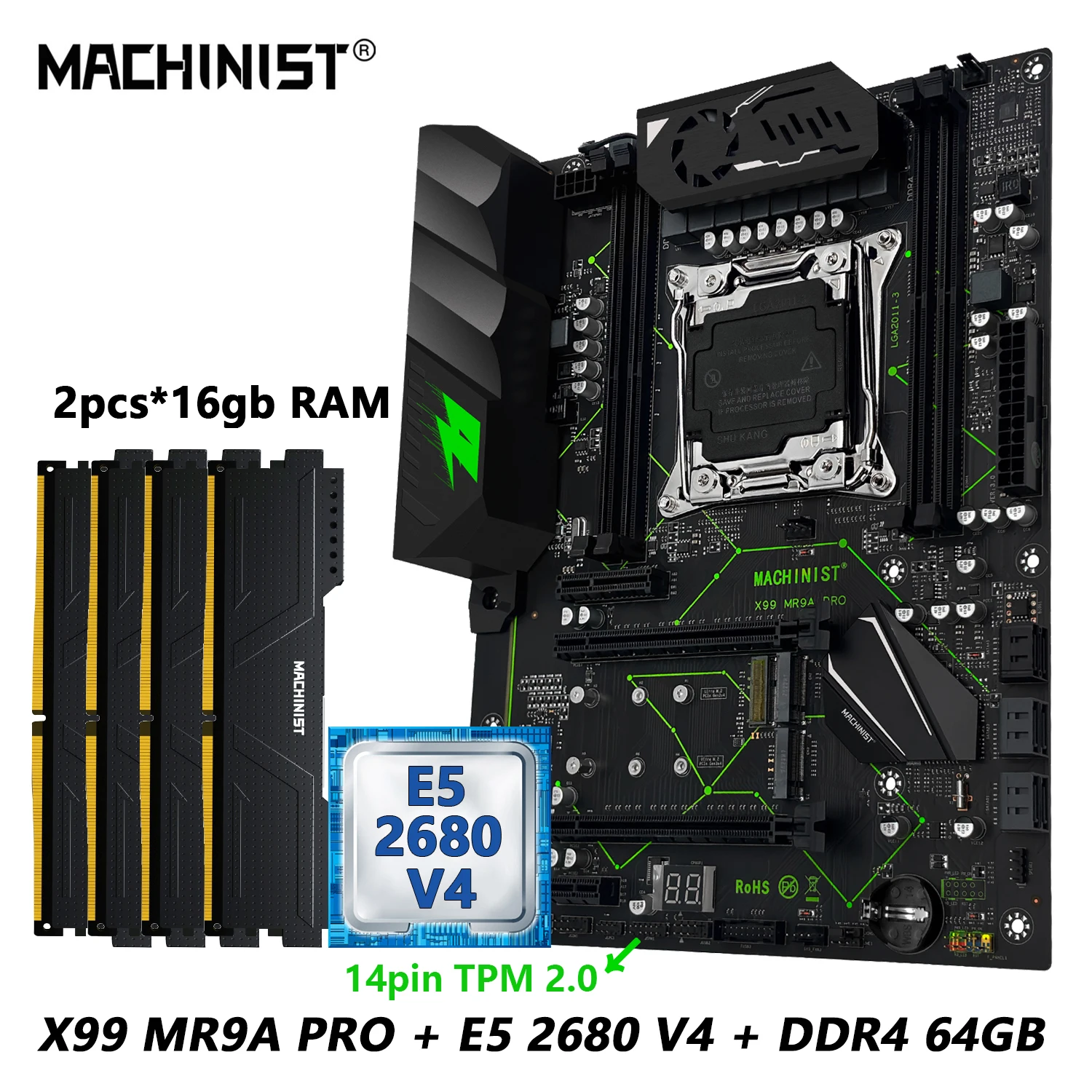 

MACHINIST X99 Motherboard Combo With Xeon E5 2680 V4 LGA 2011-3 CPU DDR4 64GB 2400MHz RAM NVME M.2 Four Channel E5 MR9A PRO