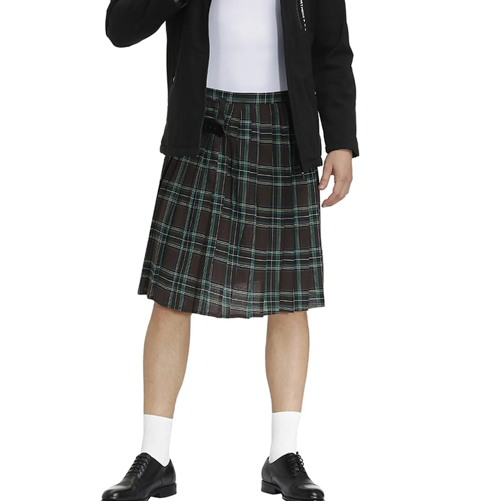 Mens Fashion Casual Vintage Skirt Scottish Style Plaid Contrast Waistband Pleated Skirt Traditional Stage Performance Costumes