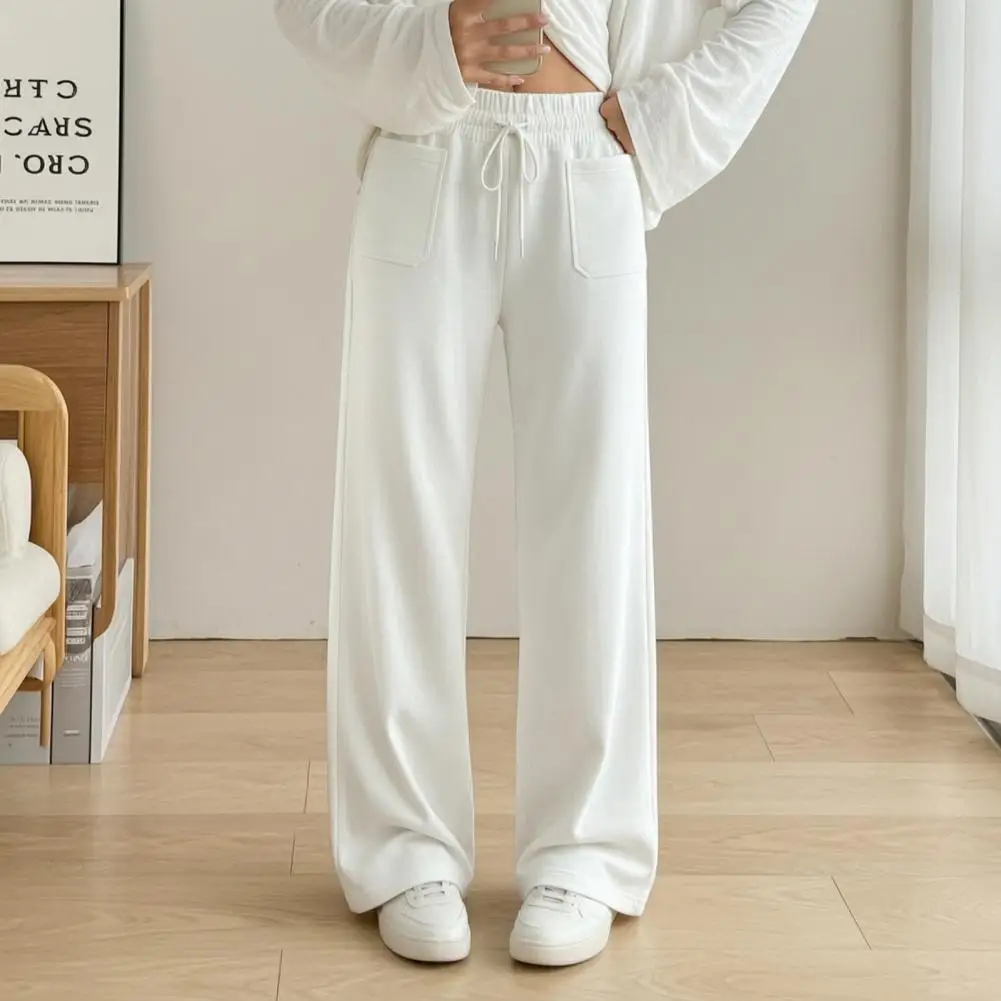Comfortable Lounge Pants with Pockets Women Wide Leg Pants with Drawstring Waist Loose Palazzo Trousers Solid Color Comfortable